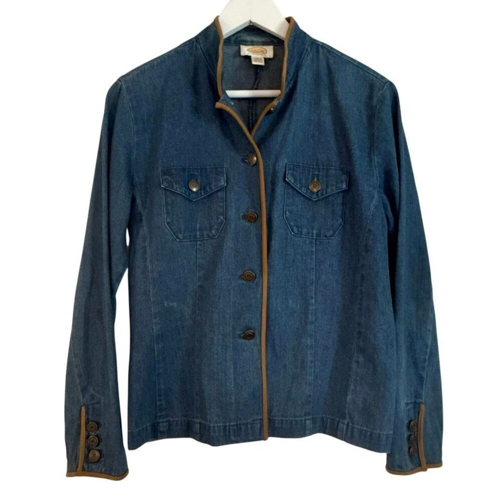 Talbots vintage denim faux suede trim Nehru collar shacket size small petite - Picture 2 of 11